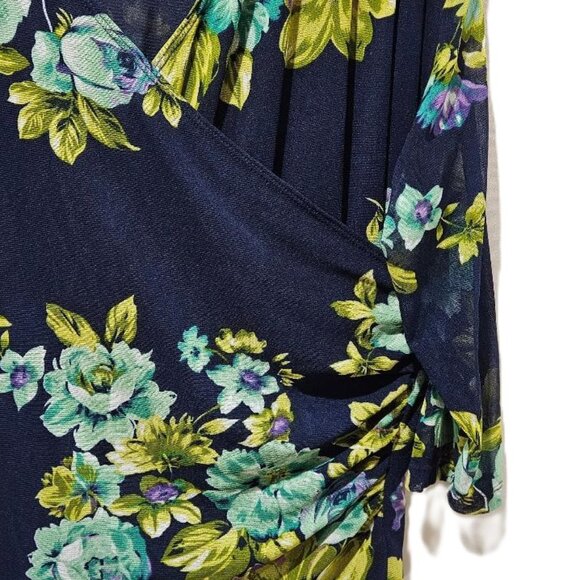 COLDWATER CREEK NAVY FLORAL SURPLUS RUCHED LINED LONG SLEEVE TOP BLOUSE  3X - Picture 2 of 5